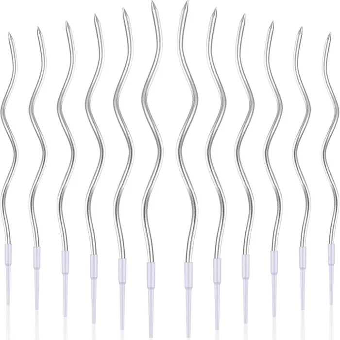 12 Twisted Birthday Candles Spiral Cake Candles Metallic Cupcake Cake Candles Thin Long Cake Candles With Holders (Silver)