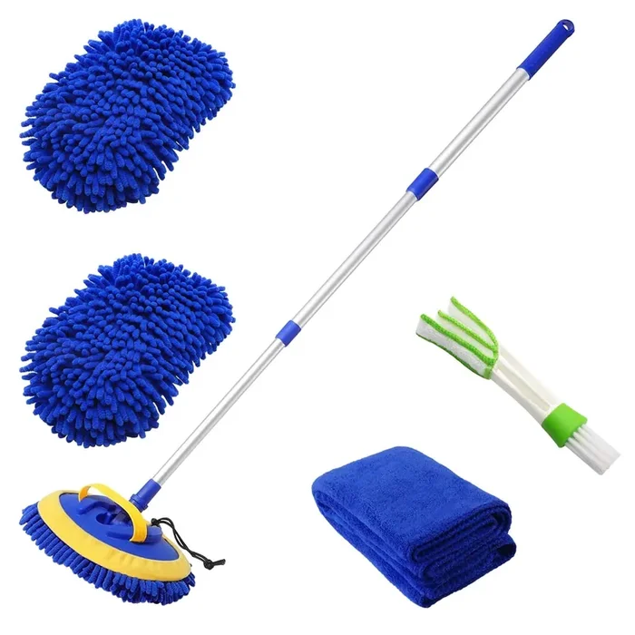 2 In 1 Microfiber Car Wash Mop Mitt With 45‘‘ Aluminum Alloy Long Handle,Chenille Car Cleaning Kit Brush Duster With Scratch Fre