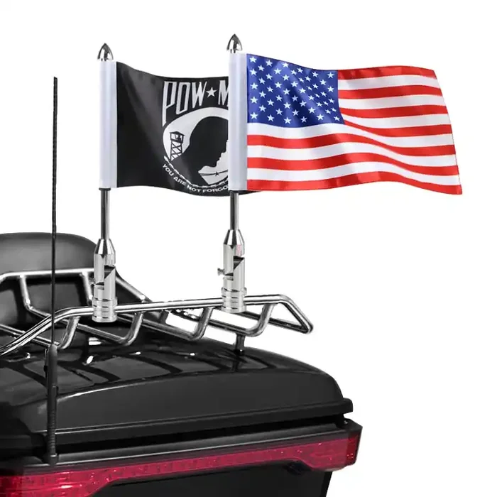 2 Pack Motorcycle Flag Pole Fold Down 90¡Ã With American Flag And Pow-Mia Flag 6.7‘‘ X 10.2‘‘ Flag Pole Holder Bracket Fit For 1/2‘‘ Tubular Luggage Rack Harley Touring Spring Honda Goldwing Etc.