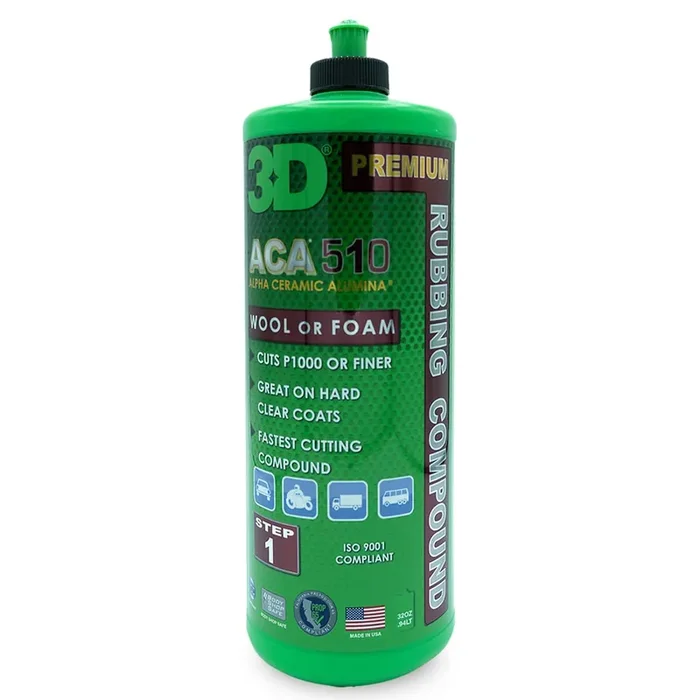 3D Aca 510 Premium Rubbing Compound – 32Oz – Step 1 Fastest Cutting Body Shop Compound With Wool Or Foam Pad – Cuts P1000 Or Finer – Great On Hard Clear Coats – Alpha Ceramic Alumina