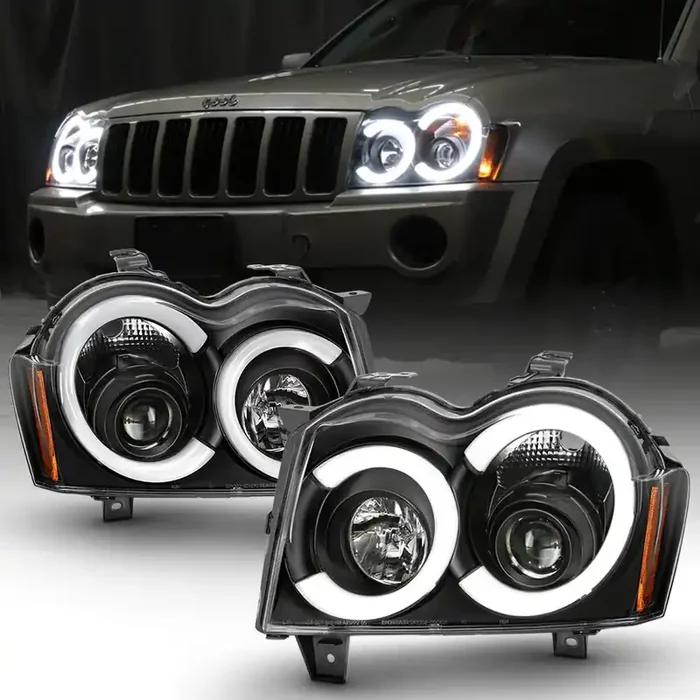 Acanii – For 2005-2007 Jeep Grand Cherokee Black Led Tube Projector Headlights Headlamps Assembly Driver & Passenger