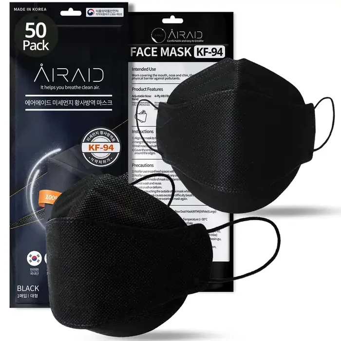 Airaid-Kf94 [Individually Wrapped] – Made In Korea, 4-Layer Filter, 3D Face Mask, Black, White, Adult And Older Teens (Black-50P)