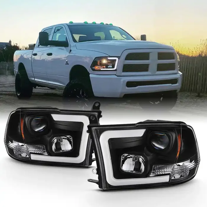 Akkon – For 2009-2018 Dodge Ram 1500 2500 3500 Truck Led Tube Black Projector Headlights Left+Right Replacement