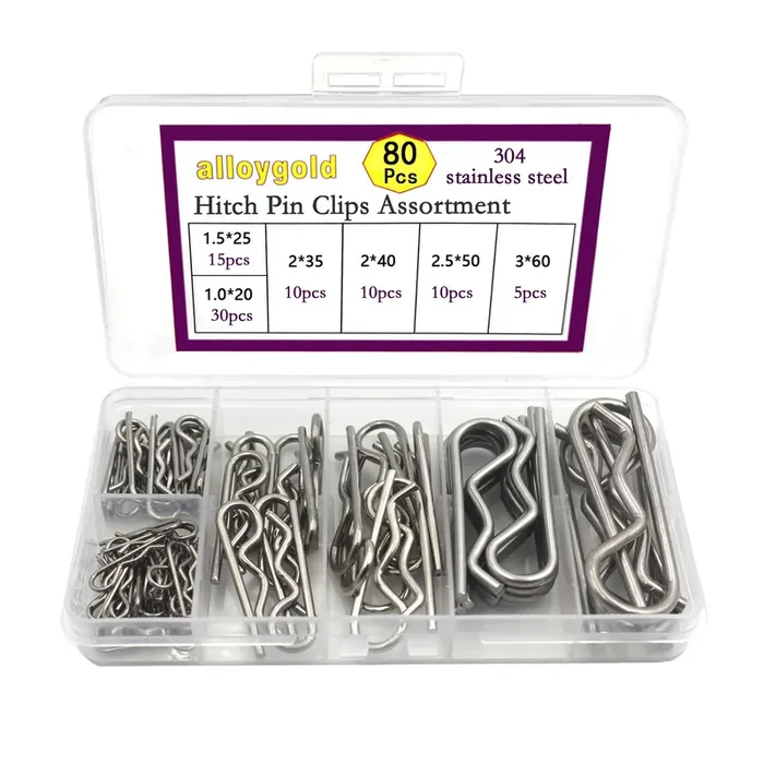 Alloygold 80 Pcs 6 Sizes Stainless Steel Hitch Pin Clip R Clips Retaining Pins Tractor Cotter Pin Hair Pin Assortment Spring Cli