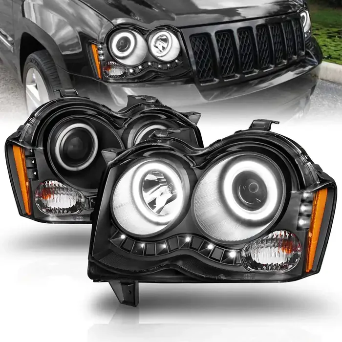 Amerilite Black Projector Replacement Headlights Xtreme Led Halo Bar Set For 2008-2010 Jeep Grand Cherokee – Passenger And Driver Side