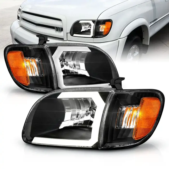 Amerilite For 2000-2004 Toyota Tundra Regular Access Cab C-Type Led, Halogen, Pickup Truck Tube Headlight Corner Lamp Set – Driver And Passenger Side, Vehicle Light Assembly, Black