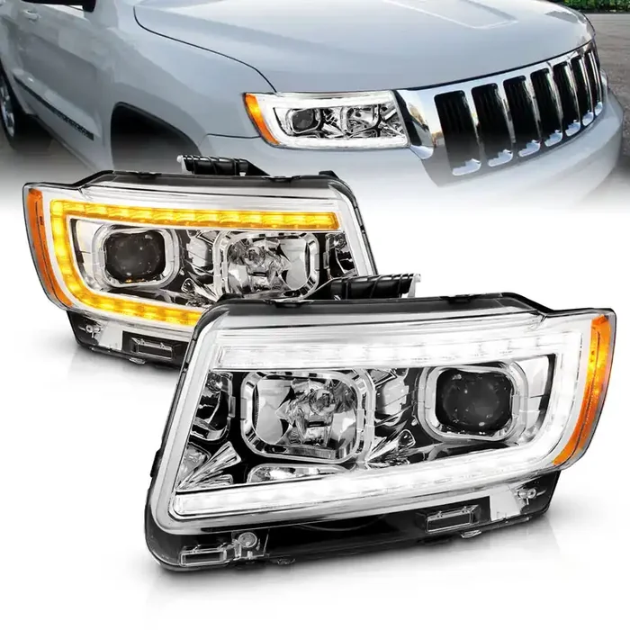 Amerilite For 2011-2013 Jeep Grand Cherokee Wk2 C-Type Led Switchback Tube Chrome Square Projector Headlight Assembly Pair – Passenger And Driver Side