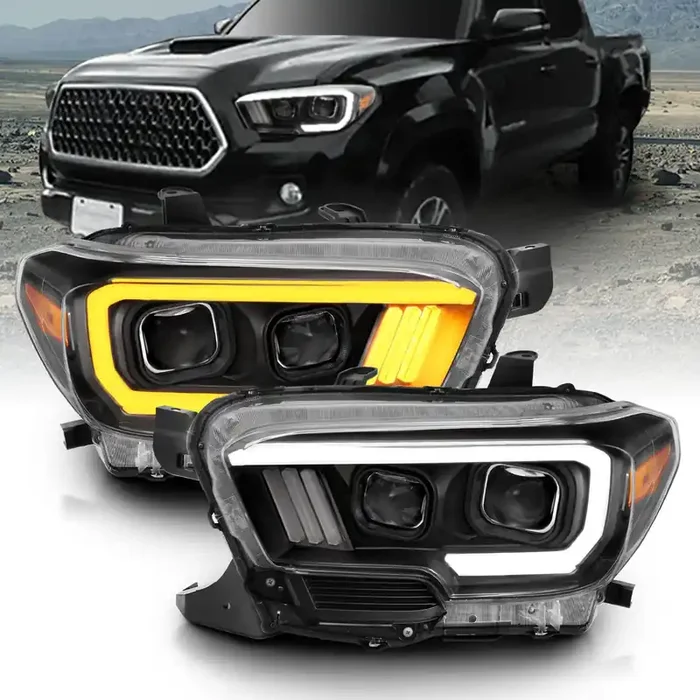 Amerilite For 2016-2022 Toyota Tacoma Trd W/Drl Switchback Led Tube Quad Projector Black Replacement Headlight Assembly Pair – Passenger And Driver Side