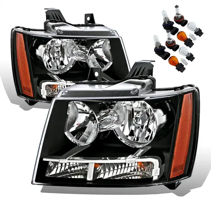 Amerilite Halogen Car Headlight Pair With Bulbs And Harness Replacement For Chevy Tahoe Suburban Avalanche – Driver And Passenger Side, Vehicle Light Assembly, Black Housing