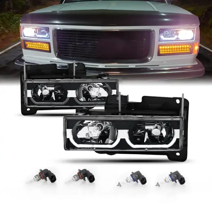 Amerilite Replacement Halogen Headlights Led Halo Bar For Chevy/Gmc Fullsize Truck;Suv – Passenger And Driver Side, Vehicle Light Assembly, Black