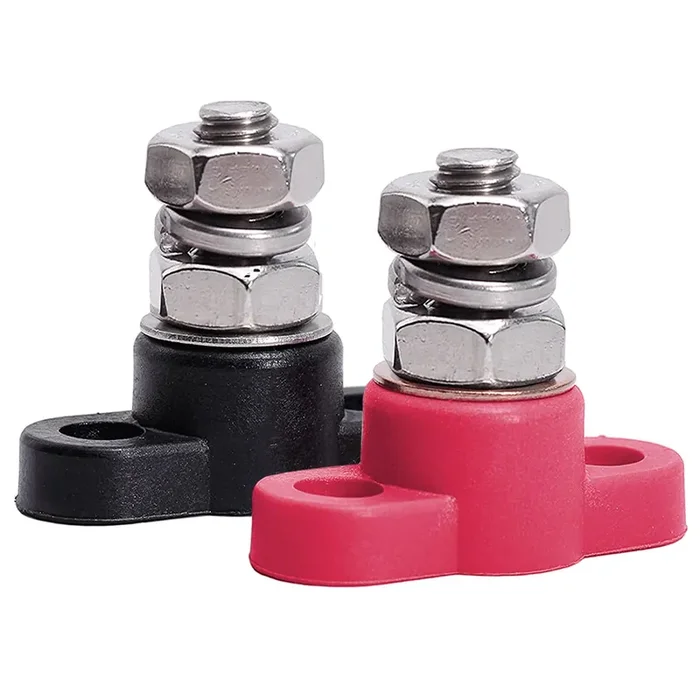 Ampper 3/8‘ Single Stud Battery Junction Posts Block, Heavy Duty Power And Ground Junction Block Power Distribution Studs Terminal Kit, Pack Of 2 (Red And Black)