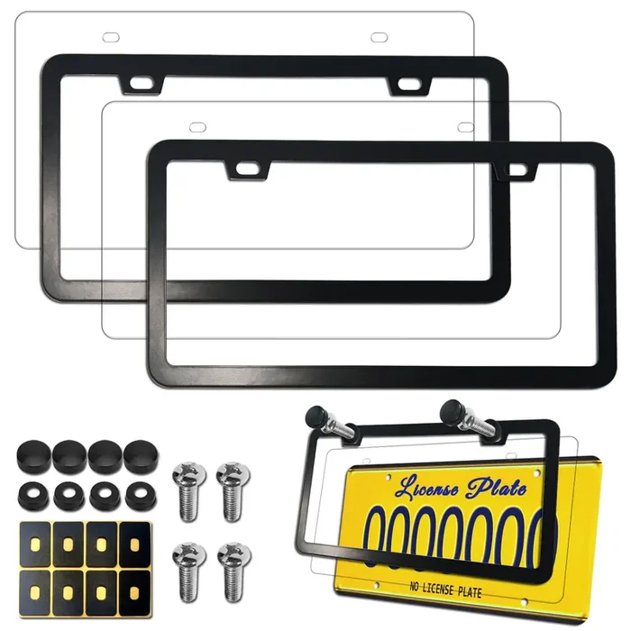 Aootf License Plate Frames Covers – Stainless Steel Black Car Tag Holder And Clear Flat Shield, Unbreakable Front Rear Protector