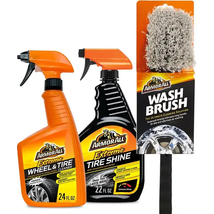 Armor All Wheel Cleaner And Tire Shine Kit, Heavy Duty Car Wheel Cleaner, Extreme Tire Shine Spray And Wash Brush – 3 Count