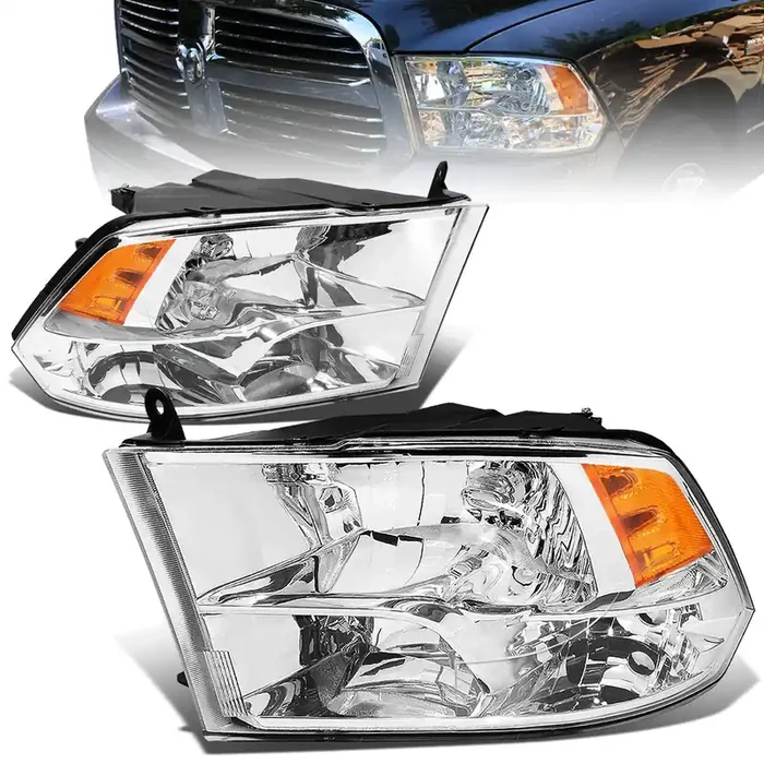 Auto Dynasty Quad Headlights Assembly Compatible With 2009-2010 Dodge Ram 1500-3500 New Body, 2011-2018 Ram 1500-5500, Halogen Headlamps Replacement, Left And Right Side, Chrome Housing Amber Corner