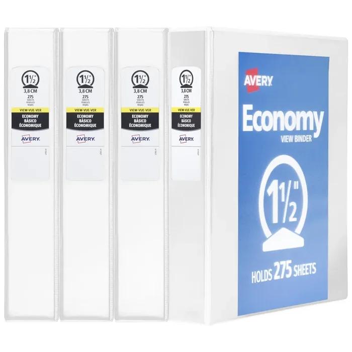 Avery Economy View 3 Ring Binders, 1.5‘‘ Round Rings, 4 White Binders (19201)