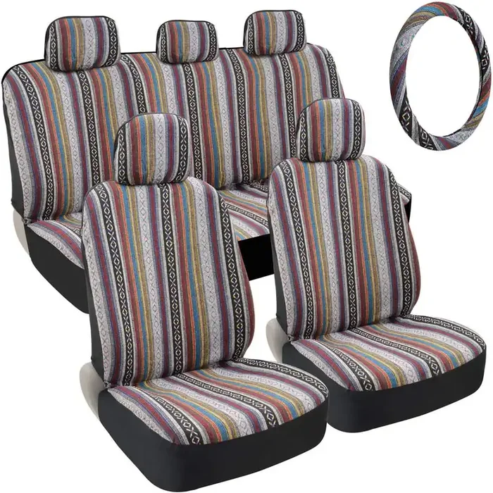 Bdk Baja Blanket Car Seat Covers, Full Set With Steering Wheel Cover – Woven Saddle Blanket Style Front And Back Bench Seat Cove