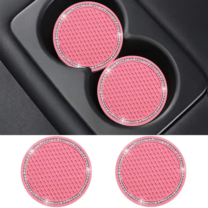 Bling Car Coasters Pink Pvc Travel Auto Cup Holder Insert Coaster Anti Slip Crystal Vehicle Interior Accessories Cup Mats For Women And Girl (2.75‘ Diameter,Pack Of 2) (Pink)