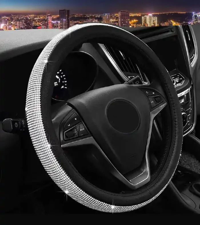 Bling Diamond Steering Wheel Cover, Leather Steering Wheel Covers For Women Girls With Crystal Rhinestones, Breathable, Anti-Sli