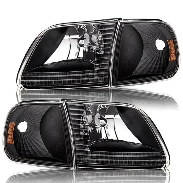 Bryght Headlight Assembly Compatible With Ford 1997-2003 F150 / 2004 F150 Heritage / 1997-2002 Expedition / 1997-1999 F250 Light Duty With Corner Lights 4Pcs (Black Housing With Amber Reflector)
