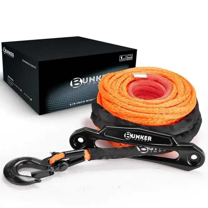 Bunker Indust Synthetic Winch Rope Kit,3/8‘‘ X 100‘ 23809Lbs Winch Line Cable Replacement With Protective Sleeve+Winch Fairlead+