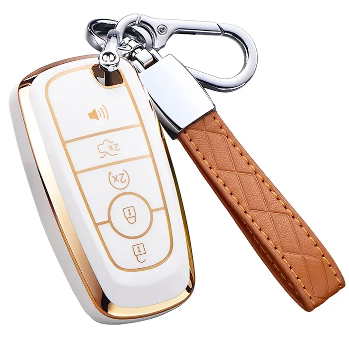 Cacacar For Ford Key Fob Cover, For Explorer Bronco Escape Edge Expedition Mustang F150 Fusion Ranger Lincoln Premium Soft Tpu Full Protection Key Case Remote Key Holder (Size B-Ivory)