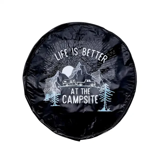 Camco Life Is Better At Campsite 27‘ Vinyl Cover With Elastic Hem-Durable Design Keeps Dirt, Rain, And Sun Away From Your Spare