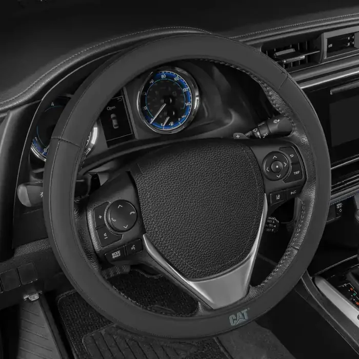 Cat Easywrap Faux Black Leather Steering Wheel Cover, Standard 15 Inch Size, Durable And Comfortable Self Wrapping Car Steering