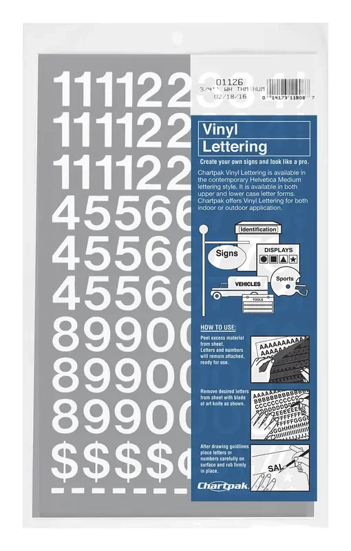 Chartpak Self-Adhesive Vinyl Numbers, 3/4 Inch High, White, 72 Per Pack (01126)