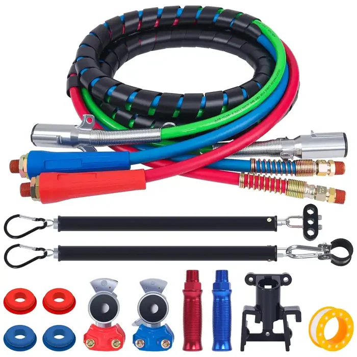 Cheemuii 12 Ft Semi Truck Air Lines Kit With 2 Pcs 16‘ Single Tender Spring Kit Gladhands With Gladhand Holder And Handles 3In1 Red & Blue Air Hoses Abs Electric Power Line Kit For Truck Trailer