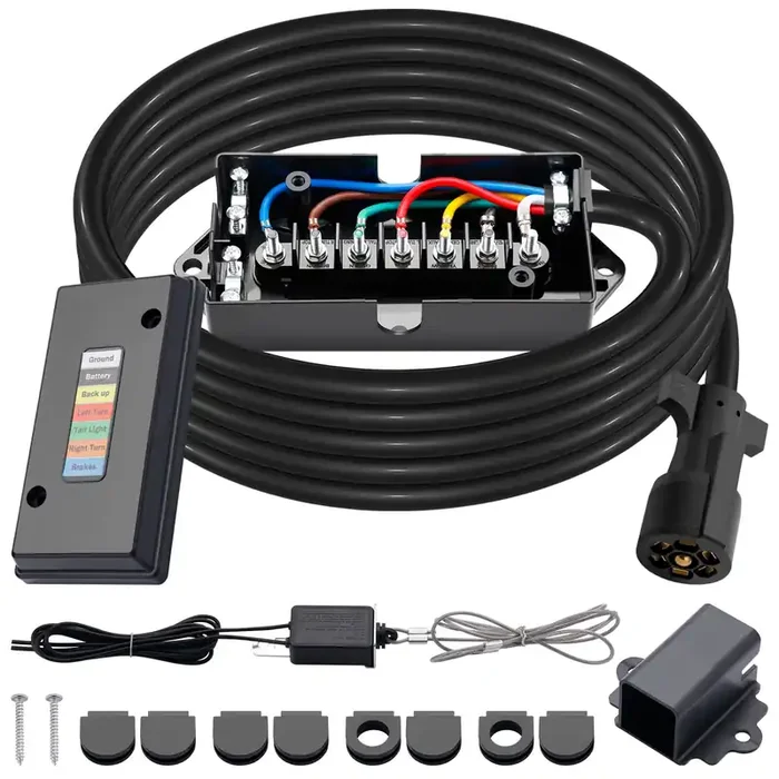 Cheemuii 15 Ft 7 Way Trailer Cord And 7 Gang Junction Box Kit With 12V Breakaway Switch And Plug Holder Heavy Duty Cable Wiring