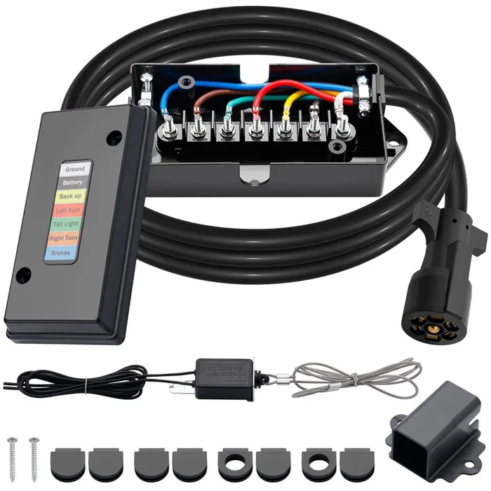 Cheemuii 7 Way Trailer Cord And 7 Gang Junction Box Kit With 12V Breakaway Switch And Plug Holder Heavy Duty 8 Ft Cable Wiring H