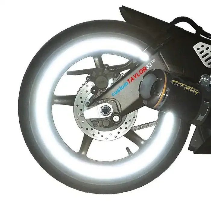 Customtaylor33 (All Vehicles White/Silver/Chrome High Intensity Grade Reflective Copyrighted Safety Rim Tapes (Must Select Your Rim Size), 17‘ (Rim Size For Most Sportsbikes)