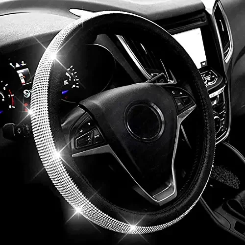 Diamond Leather Steering Wheel Cover With Bling Bling Crystal Rhinestones,Large-Size For F150 F250 F350 Ram 4Runner Tacoma Tundr