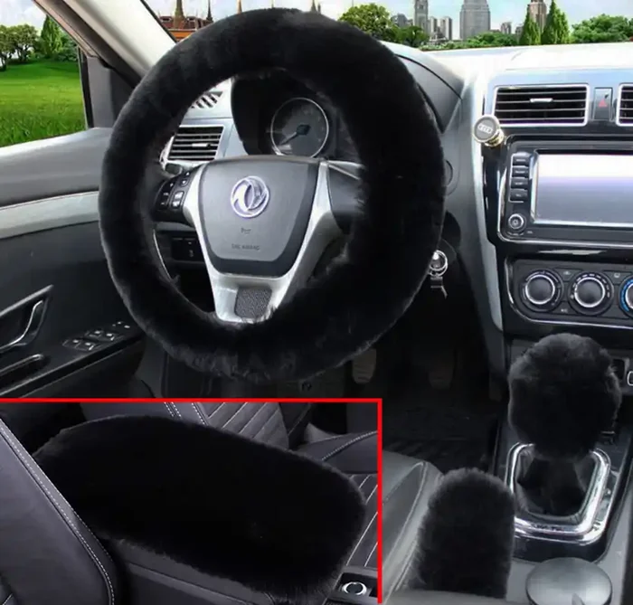 Dotesy 4 Pcs/Set Fluffy Faux Wool Car Steering Wheel Cover & Furry Auto Center Console Cover & Gear Shift Knob Cover & Handbrake