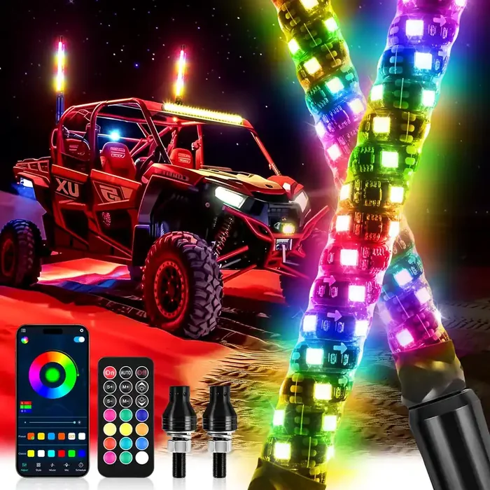 Dreamotor Whip Lights, 2Pcs 1Ft Multicolor Led Whip Lights For Side By Side With Wireless Remote And App Control, Rgb Chasing Lighted Led Antenna Whips For Utv Atv Truck Polaris Dune Buggy Rzr Can-Am