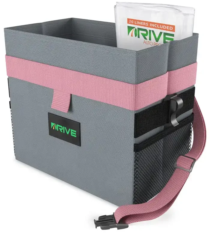 Drive Auto Car Trash Can – Leakproof, Hanging Garbage Bin With 20 Trash Bags And Pink Adjustable Strap – Truck & Car Accessories