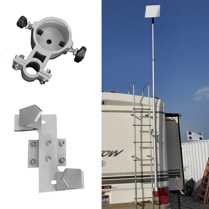 Eez Rv Products Aluminum Flag And Wind Sock Pole Mount For Rv Ladders Satellite Antenna(Starlink Dish) Pole Mount – Adjustable Hold Up To 2.5 Inch Diameter Pole – Fits 1 Inch Ladder Rails