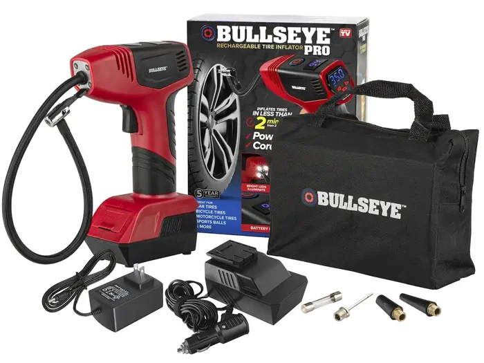 EMSON Bullseye Pro Max Deluxe Tire Inflator – 150PSI Portable Air Compressor for Car Tires, Rechargeable, Red, Tire Pressure Gauge