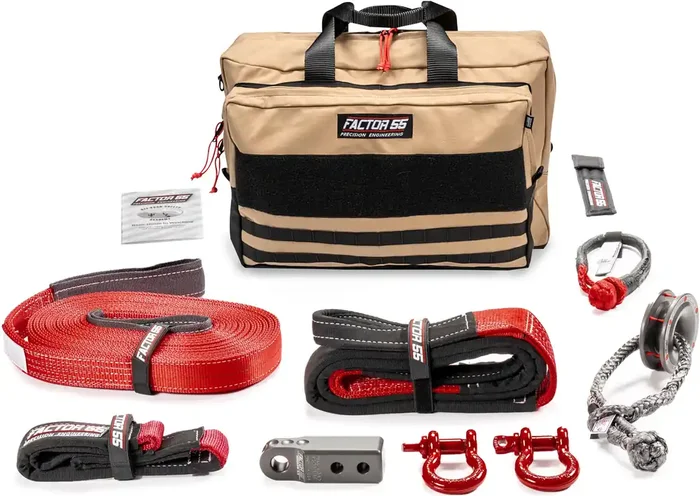 Factor 55 Sawtooh Winch And Tow Recovery Kit For Trucks, Jeeps, And Suvs, With Gray Hitchlink And Large Bag