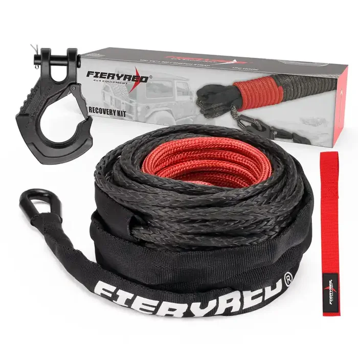 Fieryred 1/4Inch 50Ft 9500Lbs Synthetic Winch Rope Cable Kit With Forged Hook And Strap, Winch Line Replacement For 3500-4500Lbs