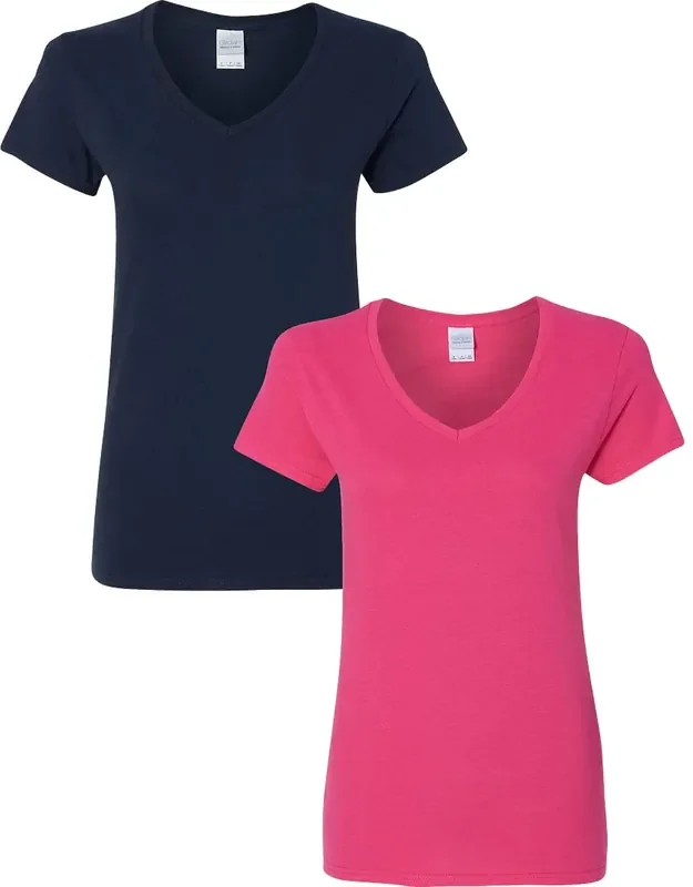 Gildan Womens Heavy Cotton V-Neck T-Shirt 2-Pack Sml-Navy-Heleconia