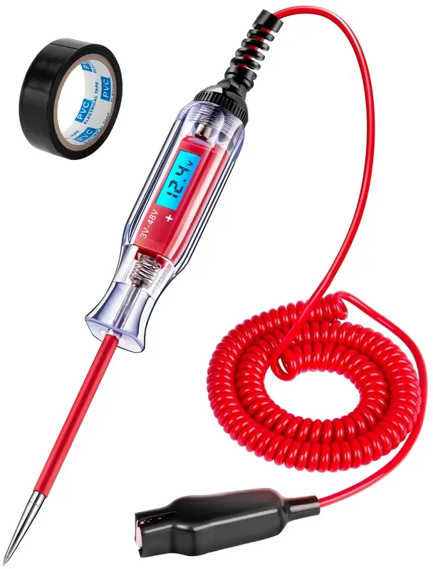 Heavy Duty 3-48V Automotive Circuit Tester With Backlit Digital Lcd Voltage Display, Dc Test Light With 140 Inch Extended Spring