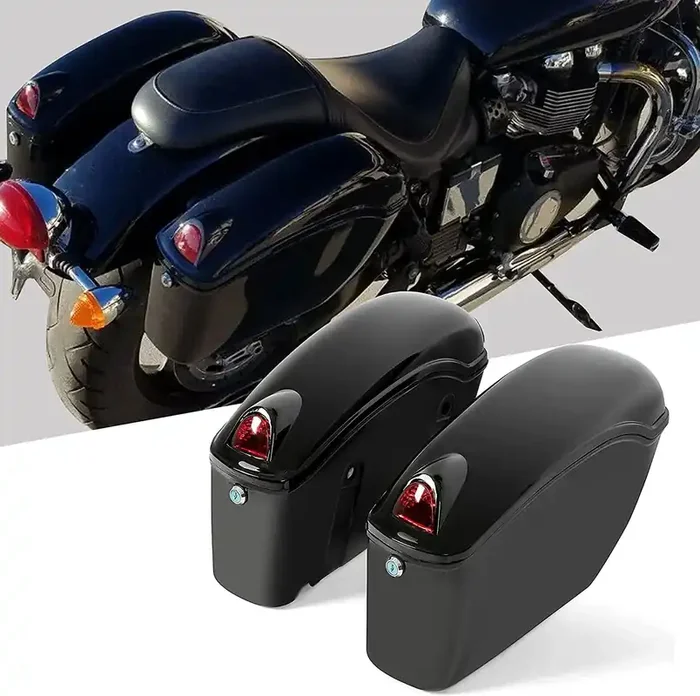 Hecasa Universal Hard Saddle Bags Compatible With Yamaha Honda Cruiser Trunk Luggage With Lights Mount Bracket Motorcycle Black