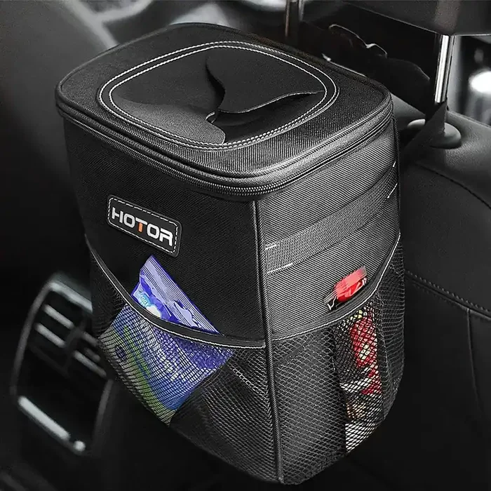Hotor Car Trash Can With Lid And Storage Pockets – 100% Leak-Proof Organizer, Waterproof Garbage Can, Multipurpose Trash Bin For Car, 2 Gallons, Black