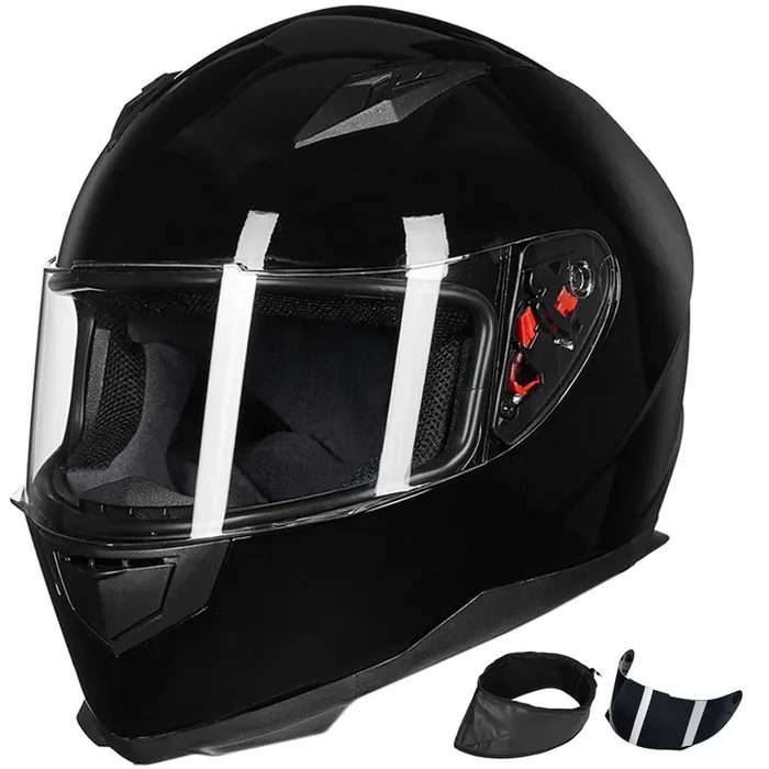 Ilm Full Face Motorcycle Street Bike Helmet With Removable Winter Neck Scarf + 2 Visors Dot Model-Jk313 (M, Gloss Black)