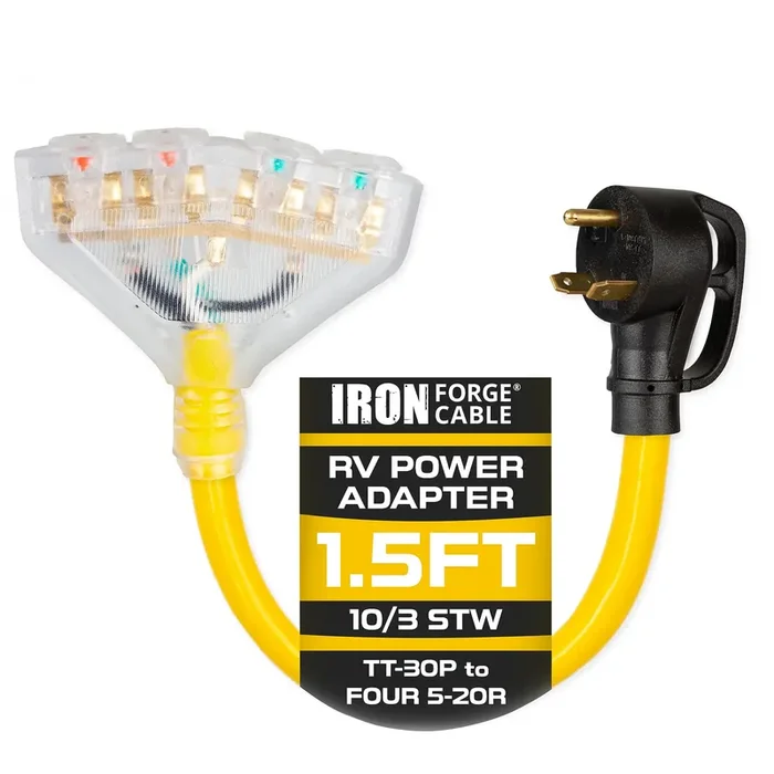 Iron Forge Cable 30 Amp To 20 Amp Rv Electrical Adapter Power Cord, 1.5 Ft – 10/3 Stw Tt-30P Male Plug To 4 5-20R Female Recepta