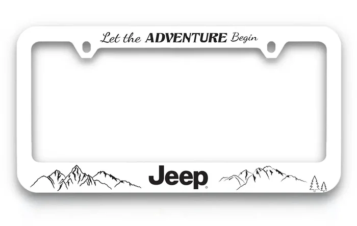 Jeep Let The Adventure Begin Wordmark Uv Printed White Plastic License Plate Frame Holder