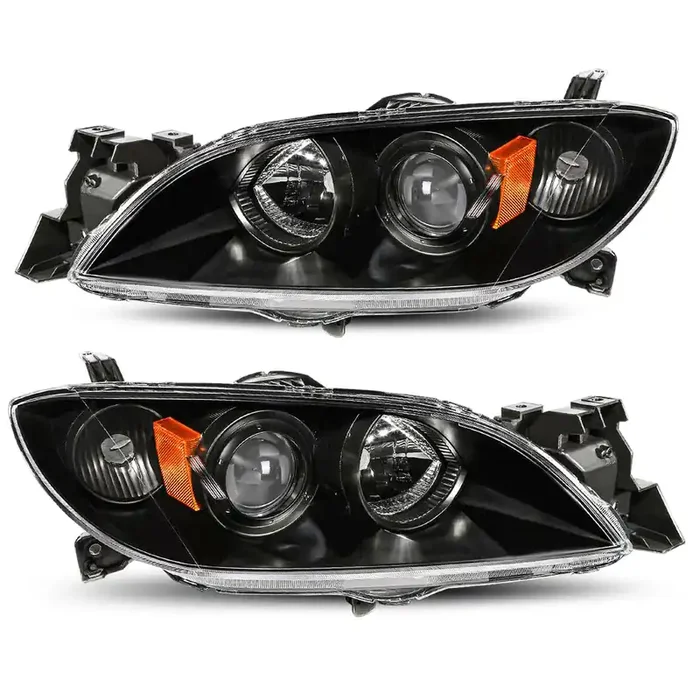 Jsboyat Halogen Headlight Assembly Compatible With 2004-2009 Mazda 3 Sedan 4-Door Driver And Passenger Side Black Housing With Amber Reflector