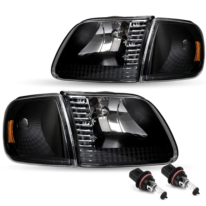 Jsboyat Headlight Assembly W/Bulbs Compatible With 97-03 Ford F-150, 04 Ford F150 Heritage, 97-02 Ford Expedition, 97-99 F250 Headlamp With Corner Light 4Pcs, Black Housing With Amber Reflector