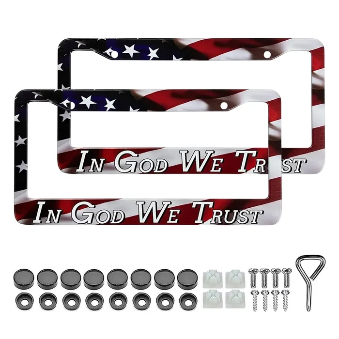 Lin Kang In God We Trust Christian License Plate Frames – 2 Pack American Flag Design Car Plate Holder Cover Universal Accessori